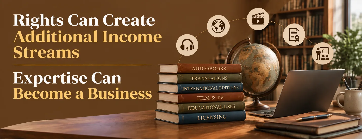 Rights can create additional income streams and expertise can become a business: audiobooks, translations, international editions, film and TV, educational uses and licensing